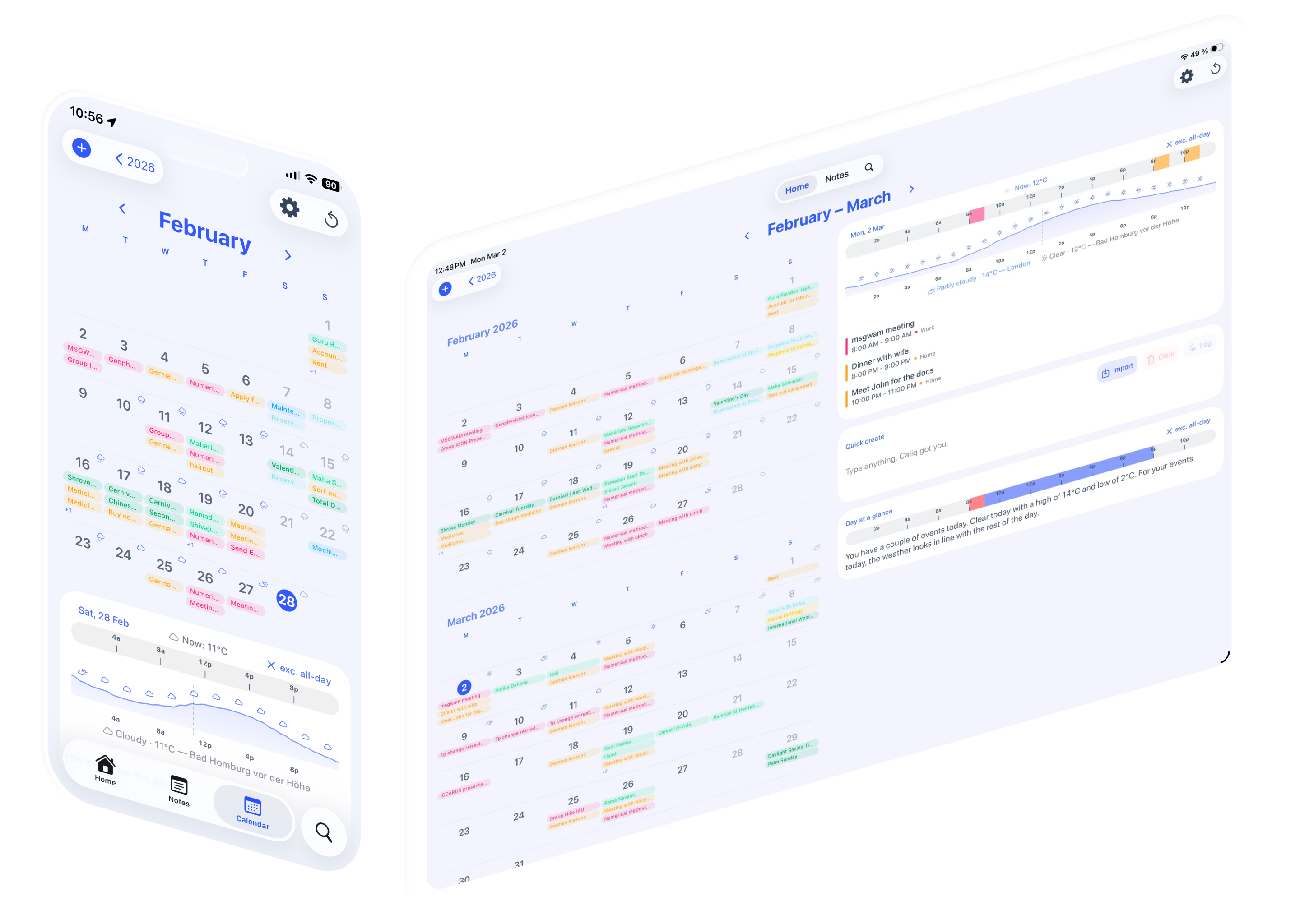 Caliq on iPhone and iPad showing calendar views